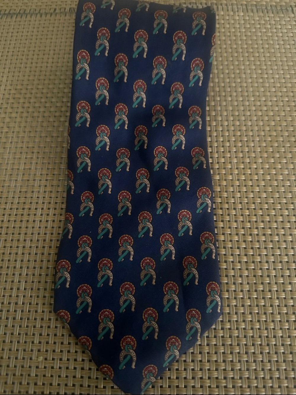Men's Navy Patterned Tie with Teal & Red Motif